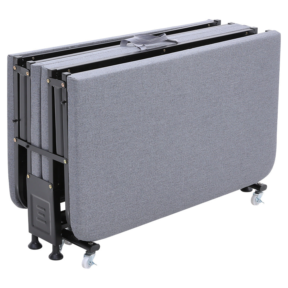 90*190cm Grey Folding Bed Steel Framed Foldable Bed With Mattress And 6 Wheels