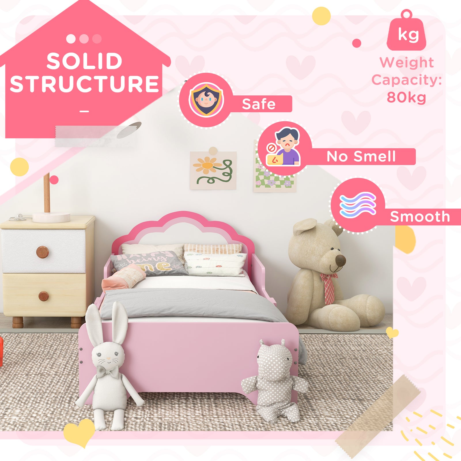 Toddler Bed Frame, Cloud-design Princess Bed, 143 X 74 X 55cm - Pink | Pink