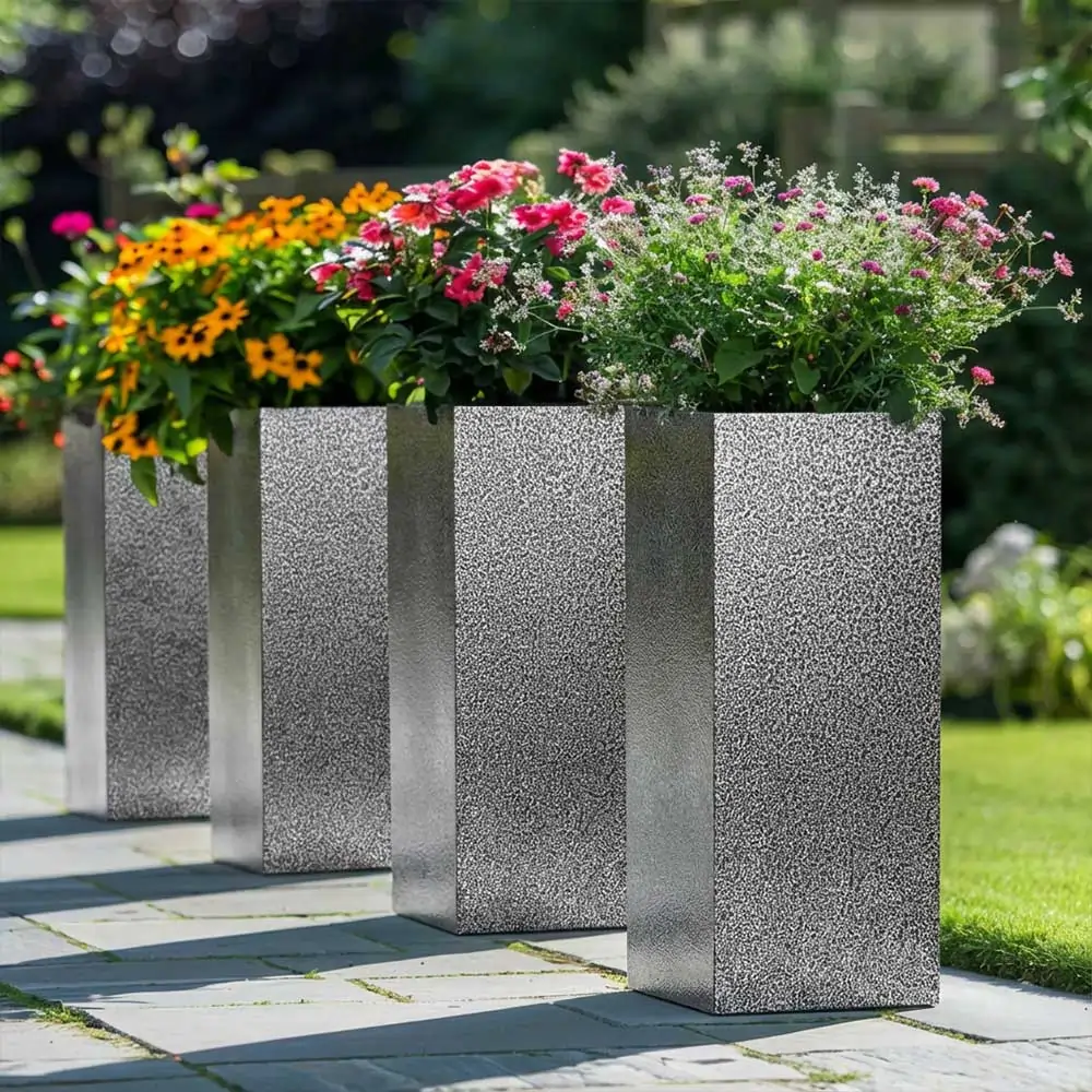 Zinc Galvanised Tall Square Planter | 32cm x 32cm x 75cm | Silver Black