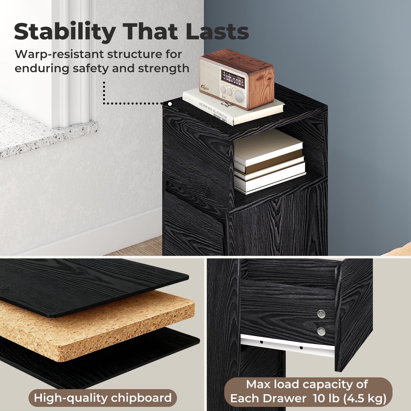 Slim Bedside Table Storage Nightstand With 2 Drawers & Open Shelf | Black