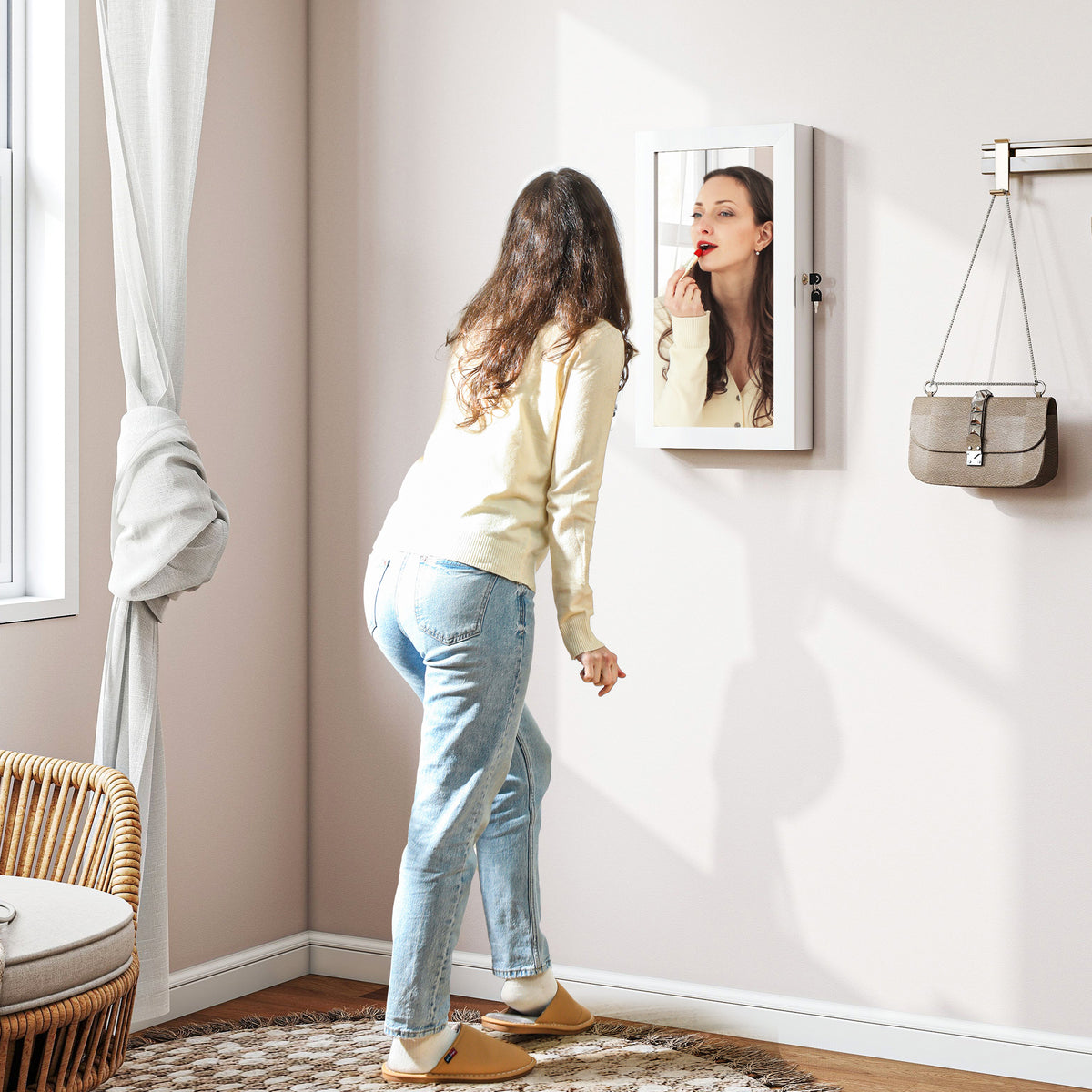 HOMCOM Jewelry Cabinet, Wall-mounted Storage Cabinet With Mirror
