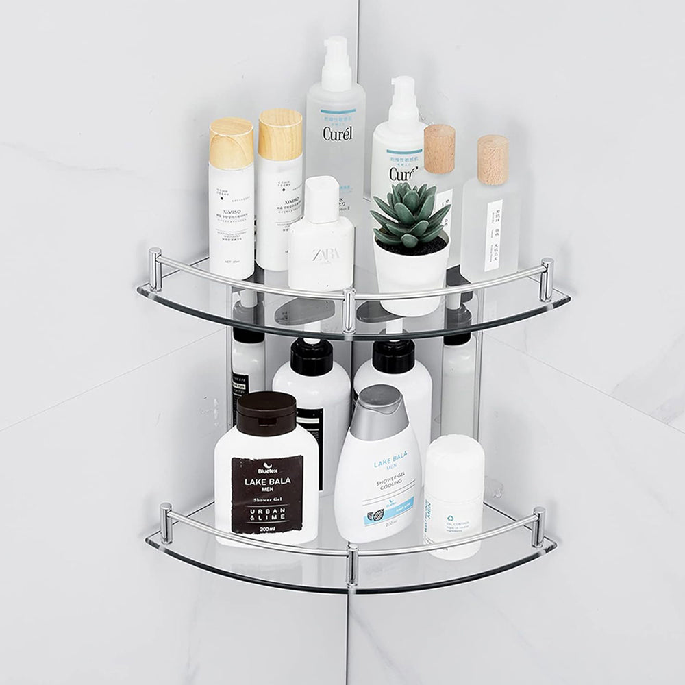 2-tier Tempered Glass Corner Shelf Bathroom Wall Mounted
