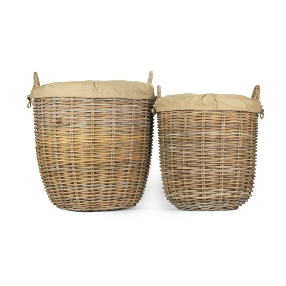 Set Of 2 Tall Round Fireside Grey Rattan Log Basket With Removable Cordura Lining