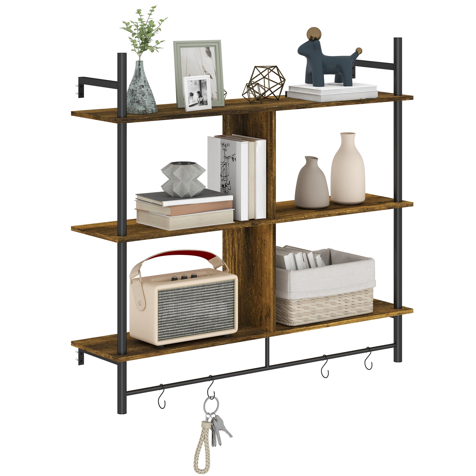 Wall Shelf Unit With 4 Hooks For Living Room | One Size | Brown
