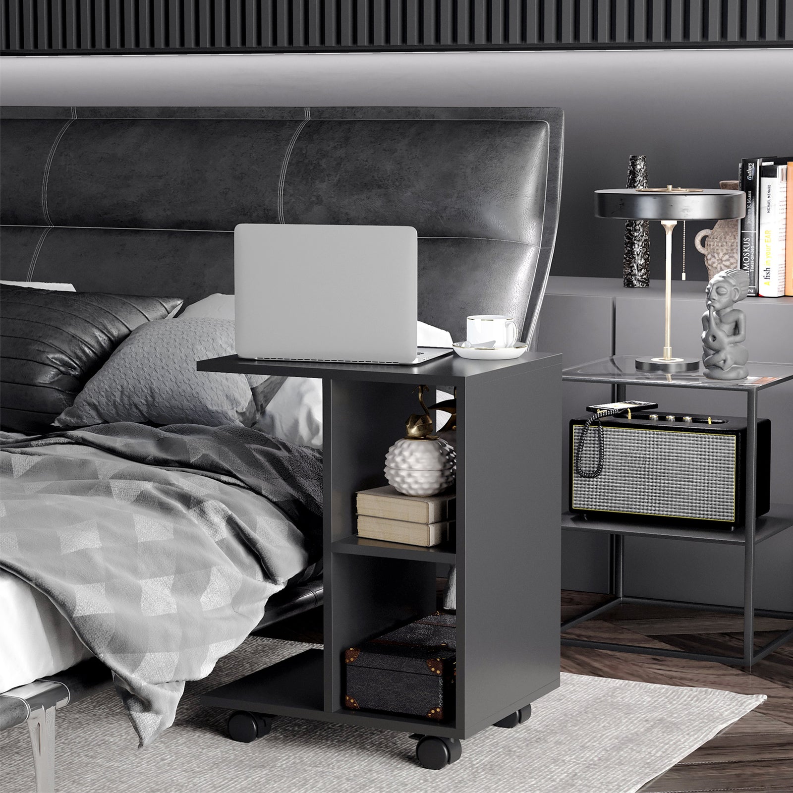 End Table Unique Storage Unit W/ 2 Shelves 4 Wheels Home | Black
