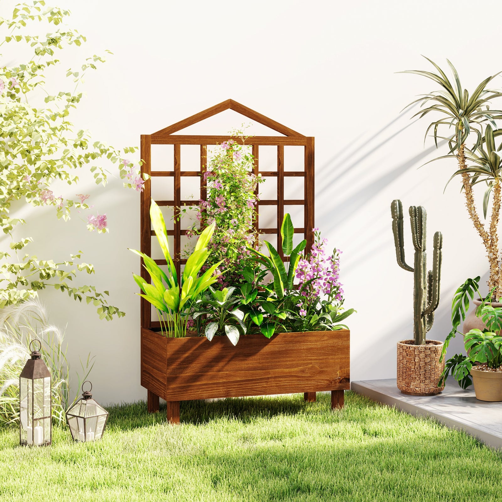 Wooden Planters With Trellis For Vine Climbing
