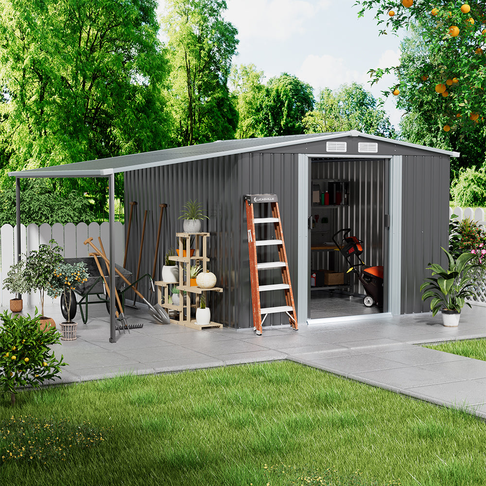 8x8ft Galvanized Steel Garden Shed With 1.1m Lean-to Extension & Shelves – Heavy Duty Outdoor Storage Shed With Firewood Roof & Ample Space