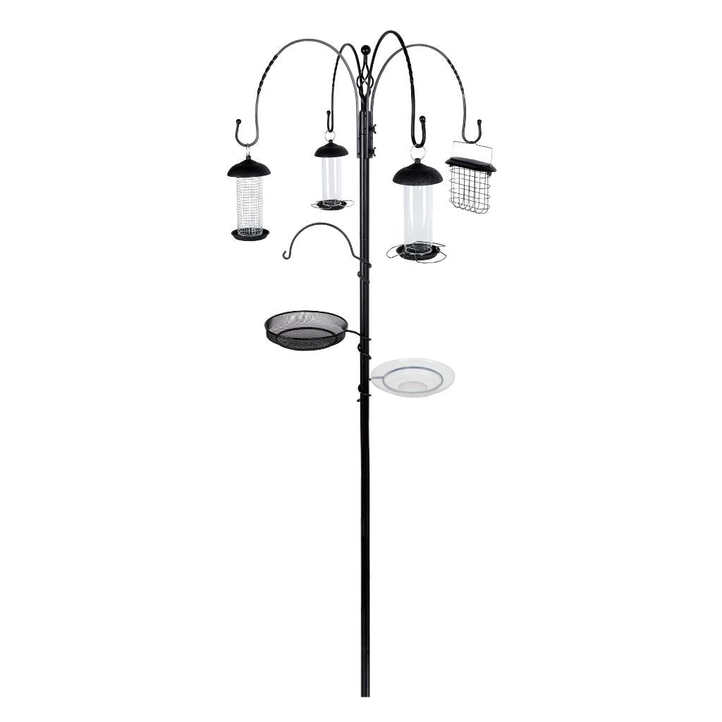 Complete Feeding Station Kit — 5-hook Metal Pole With Bath, Tray & Feeders | Black