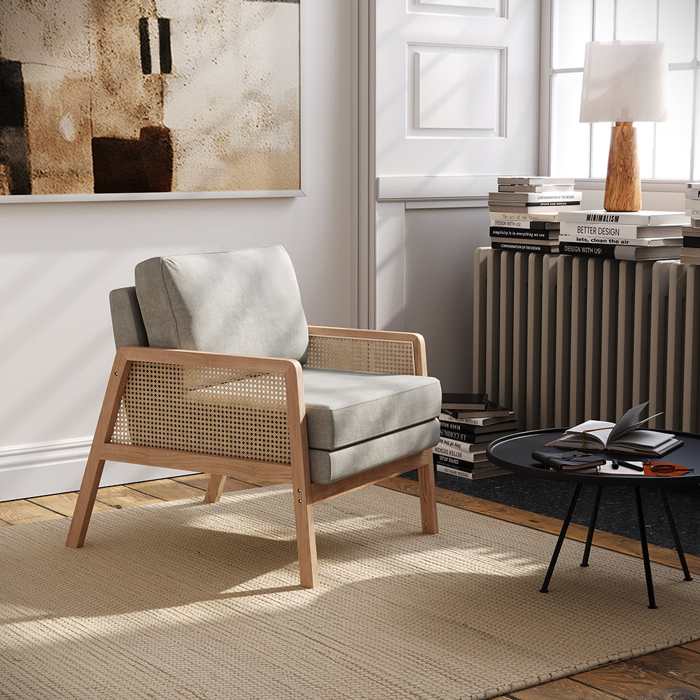 Well-crafted Modern Fabric Armchair With Wooden Frame And Caned Sides, Fluffy Backrest And Thick Cushions | Grey
