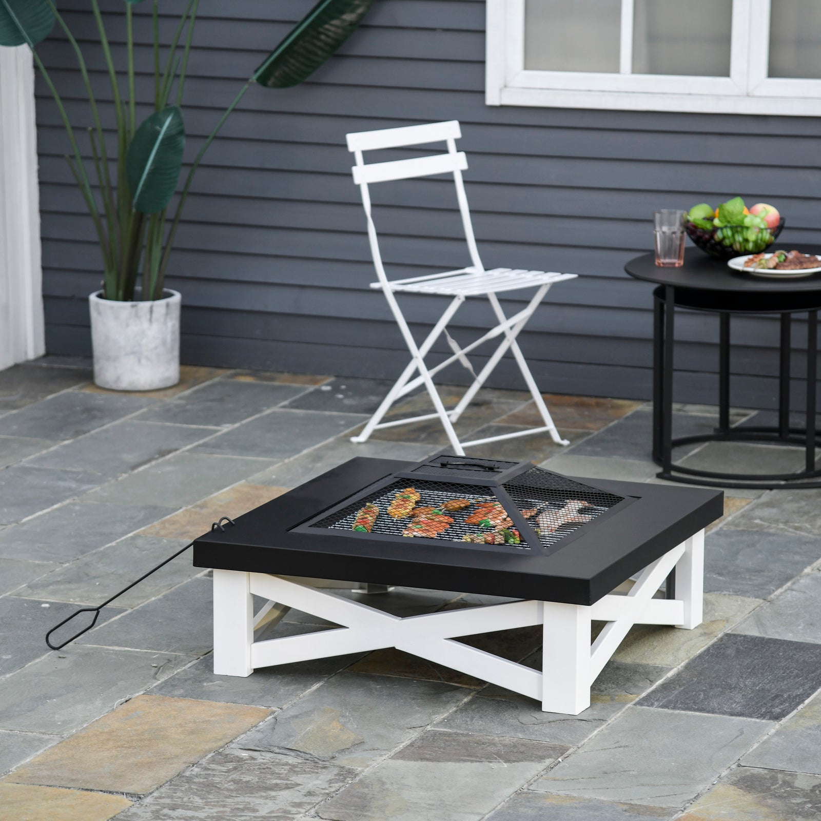 Square Fire Pit Table W/ Grill Shelf, 86cm