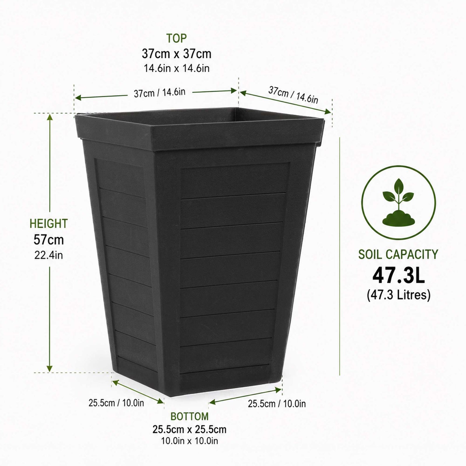 57cm Tall Plank Effect Black Rubber Planters - Indoor Outdoor Planter | Set-of-1