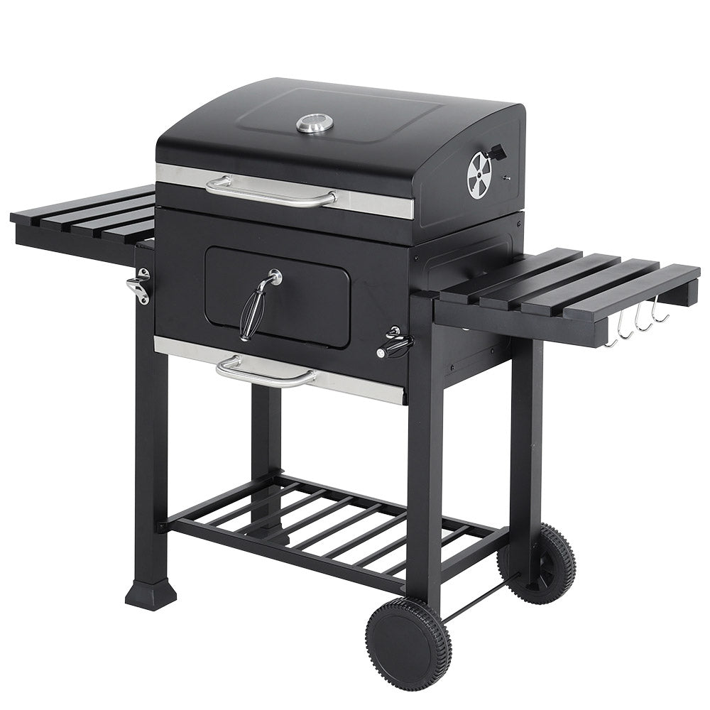 Charcoal BBQ Grill with Lid, Barrel Grill with Warming Rack, Thermometer & Side Shelves, Outdoor Barbecue with Wheels