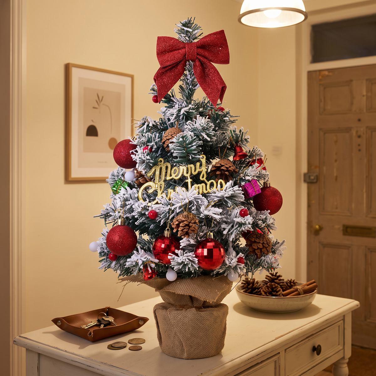 24in Pre-lit Snow-flocked Artificial Mini Artificial Christmas Tree, Merry Christmas