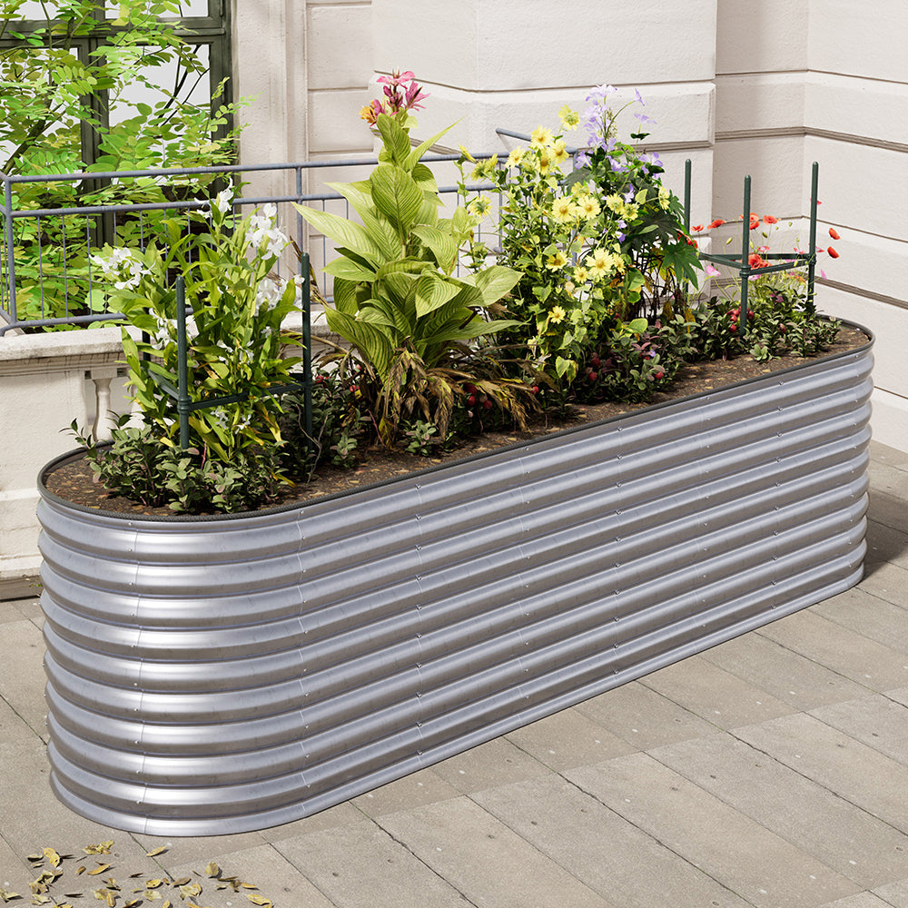 160/240/320cm W X 80cm D X 80cm Height Gardens Plan Oval-shaped Galvanized Steel Raised Garden Bed With Safety Edging & Ground Stakes | Large | Galvanized Silver