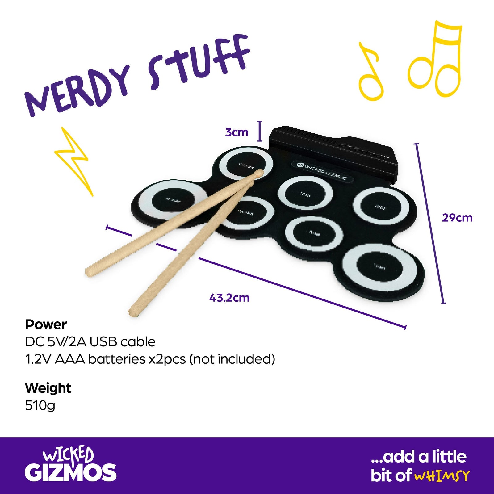 Wicked Gizmos Electronic Drum Kit Roll Up Mat With Demo Songs And Sticks White
