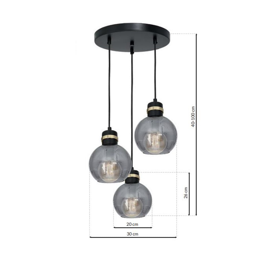 Omega Hand Made Circular Pendant Lamp With Elegant Smoked Glass Spheres Quality Matt Black Fittings With Gold Detail