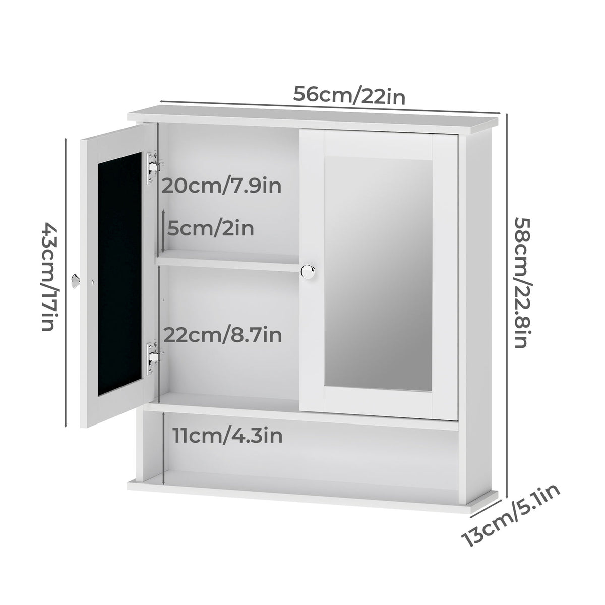 Bathroom Mirror Cabinet Storage Toilet Cupboard Wall Mounted Shelves | White