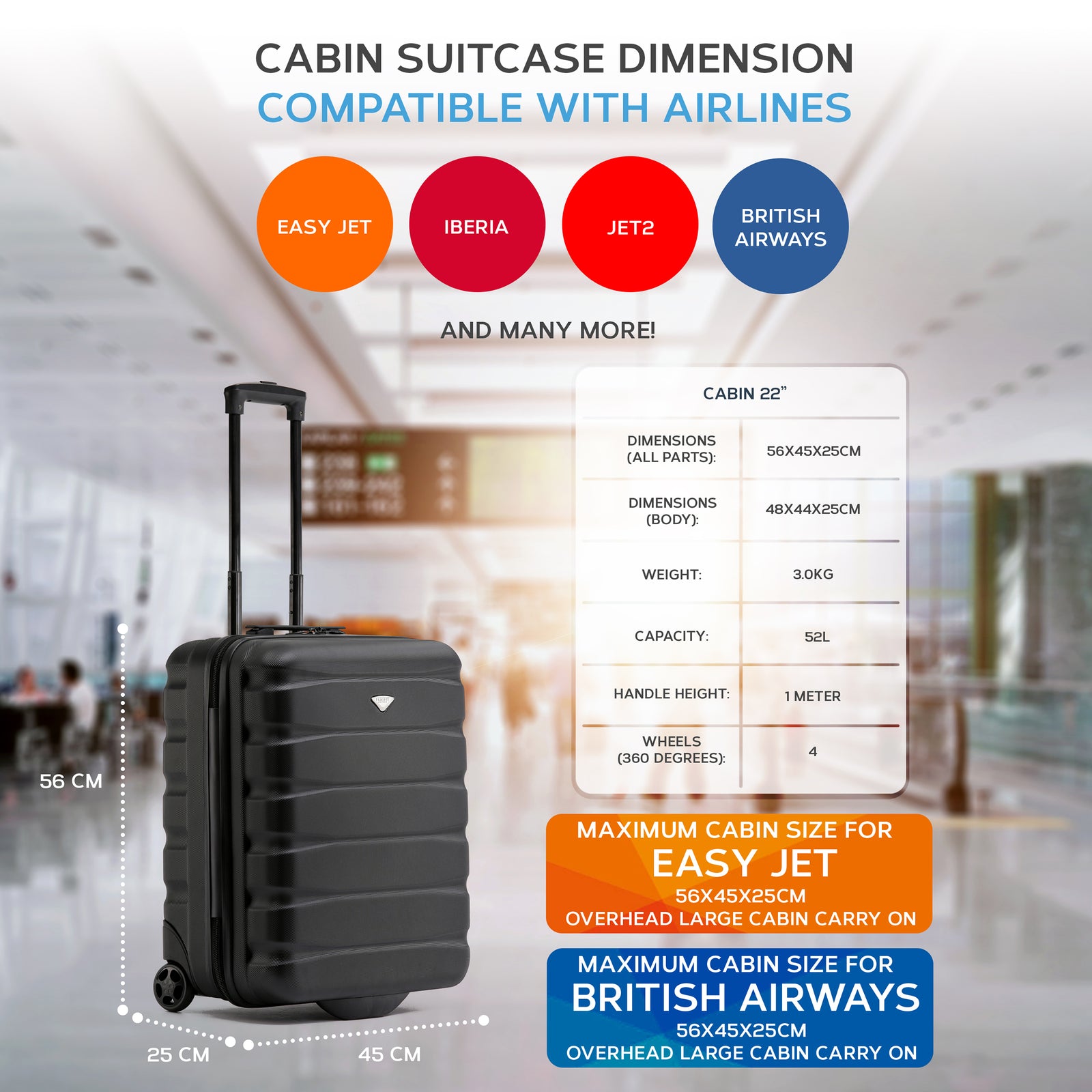 56x45x25cm Hard Cabin Suitcase - Lightweight 2-Wheel ABS Carry On Hand Luggage | Cabin | Black
