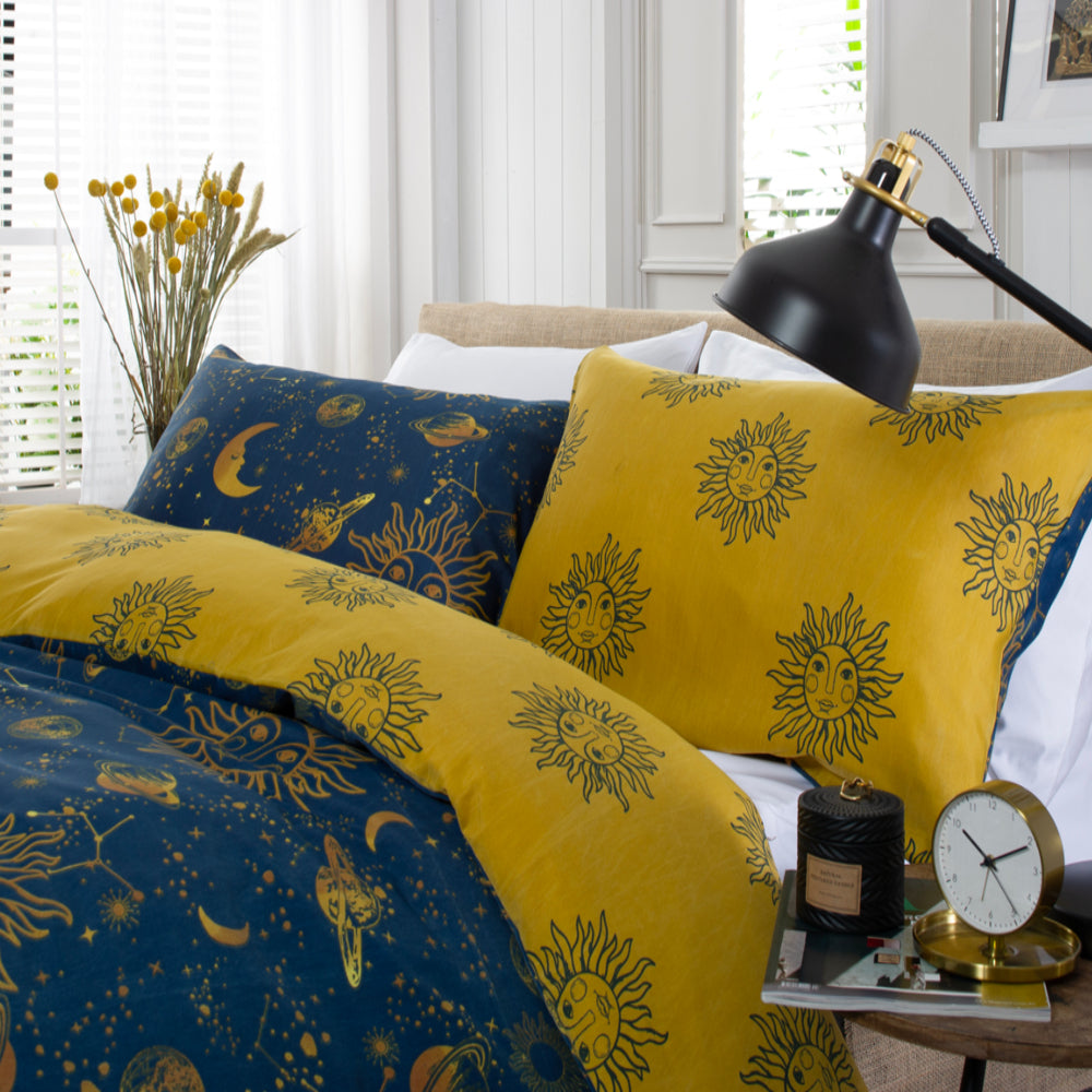 Sun, Moon And Stars Cotton Rich 200 Thread Count Reversible Duvet Cover Set | Single | Navy Blue