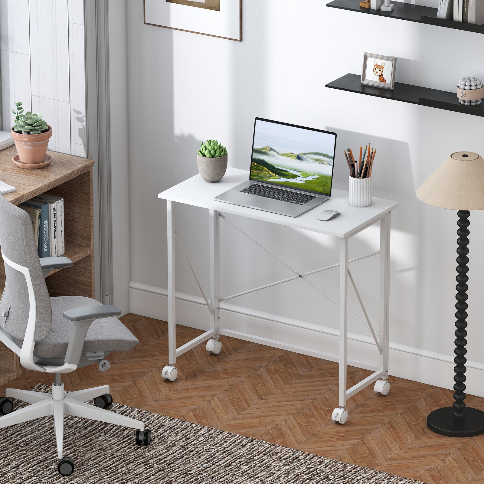 Folding Desk On Wheels, Writing Table For Home Office | White