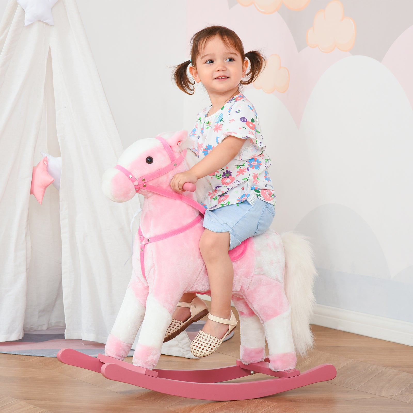 Rocking Horse Toy Plush Wood Pony Riding Rocker Neigh Sound | Pink