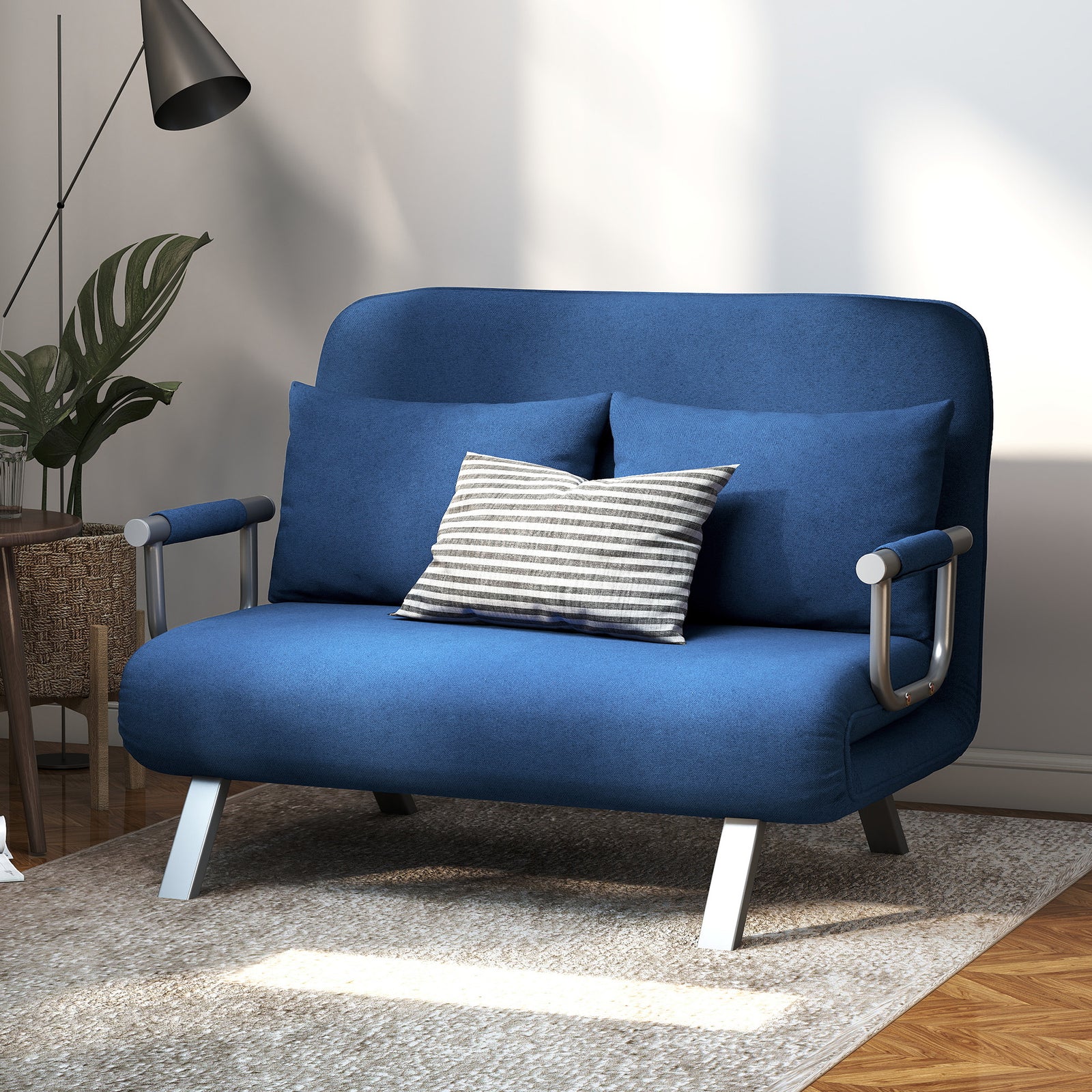 Fabric Sofa, Convertible 2 Seater Sofa Bed W/ Pillows, Dark Blue
