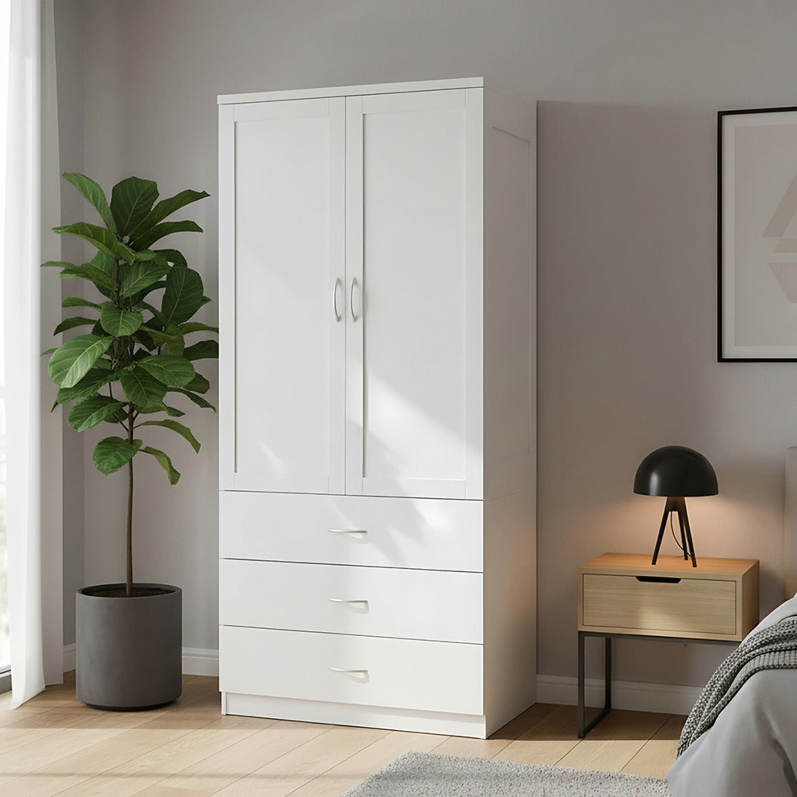 2-door Wardrobe With 3 Drawers & Hanging Rail | White