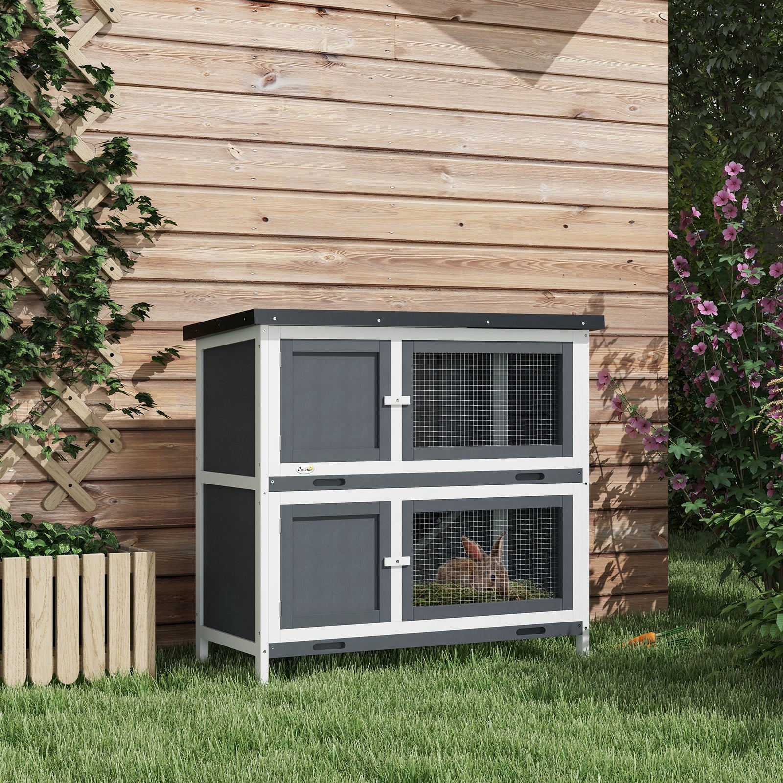 Double Decker Rabbit Hutch Bunny Cage Pet House Outdoor W/ Tray | Gray