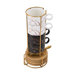 Set Of 4 Ceramic Coffee Cups With Saucers, Spoons & Metal Stand | White & Black