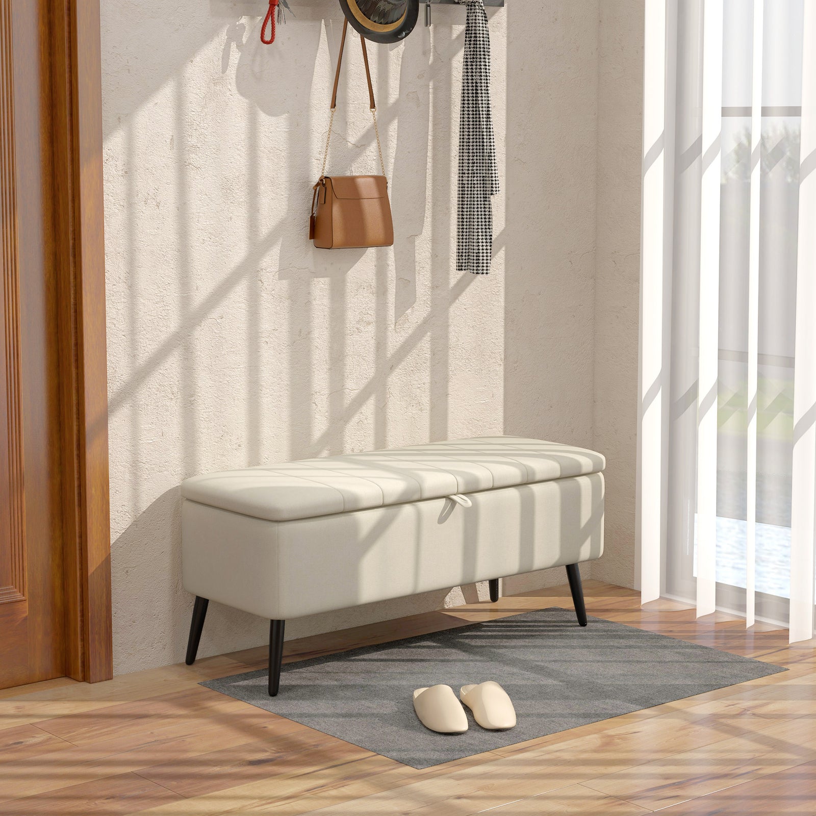 Storage Ottoman, Linen Fabric Bench With Flip Top