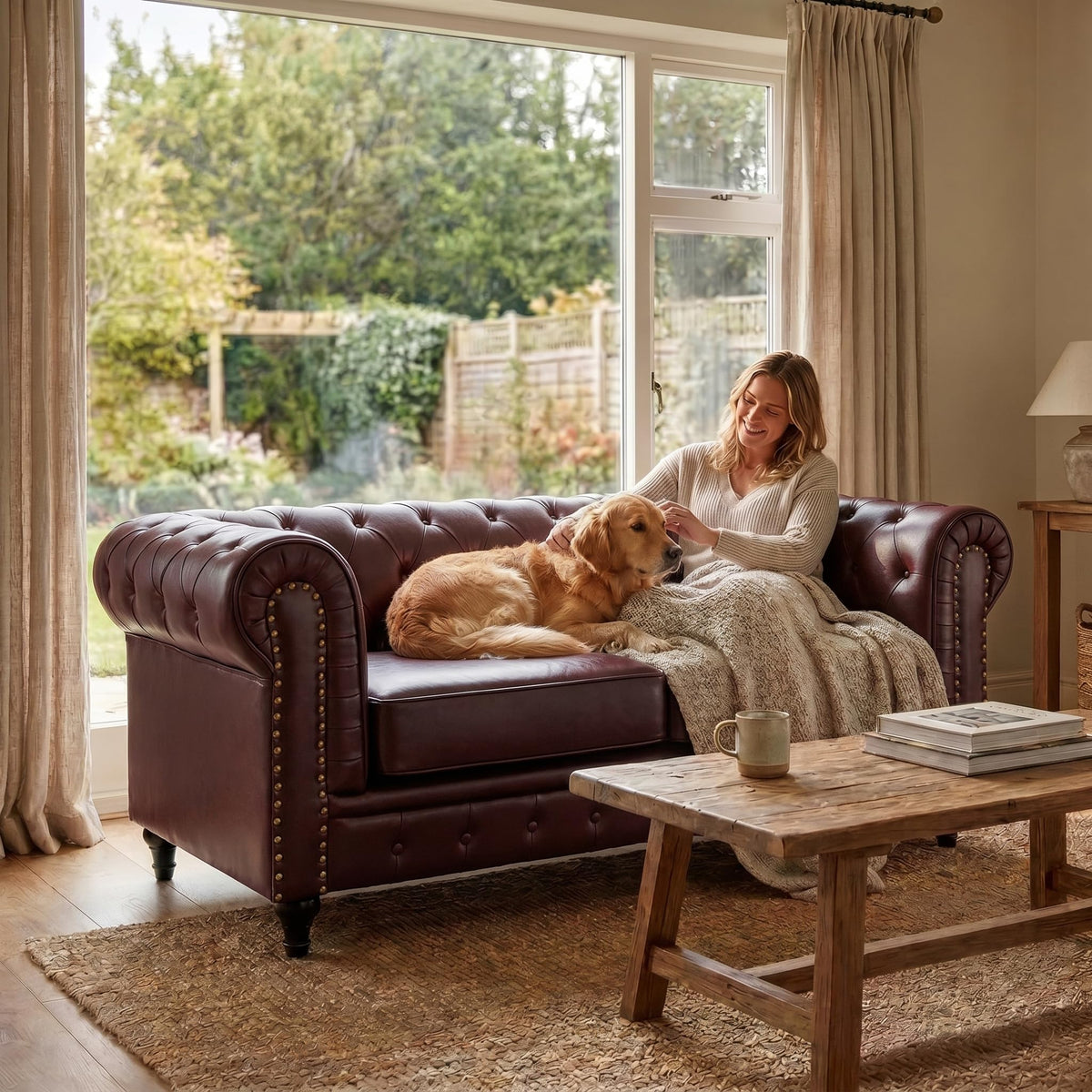 Chesterfield Scroll Arm Faux Leather Sofa 2 Seater | Brown