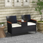 Rattan Garden Bench W/ Wood Top Table, Chair, Cushions | Black