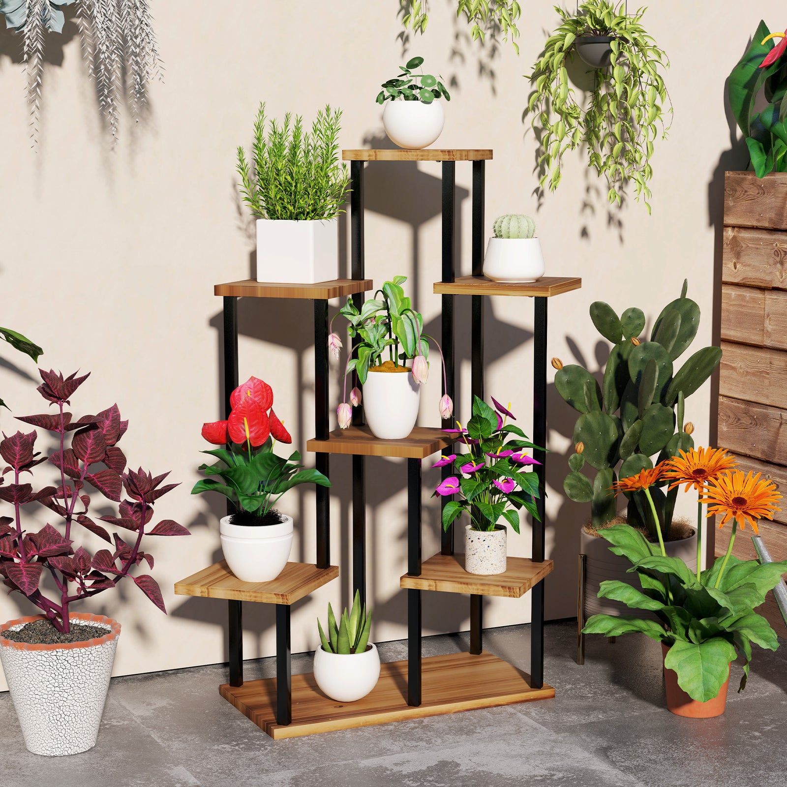 7 Tier Plant Stand, Tall Steel Wood Plant Shelf