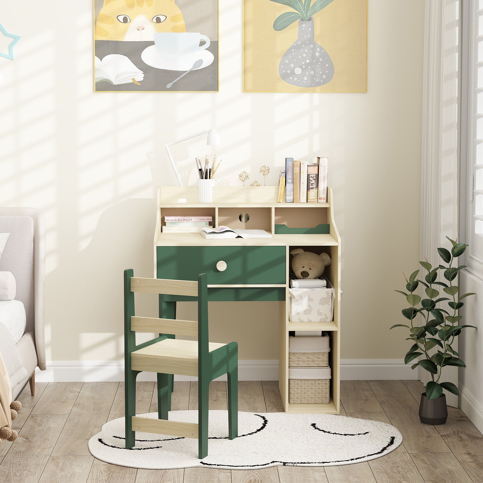 Aiyaplay Kids Desk And Chair Set With Storage Shelves, Drawer, Green