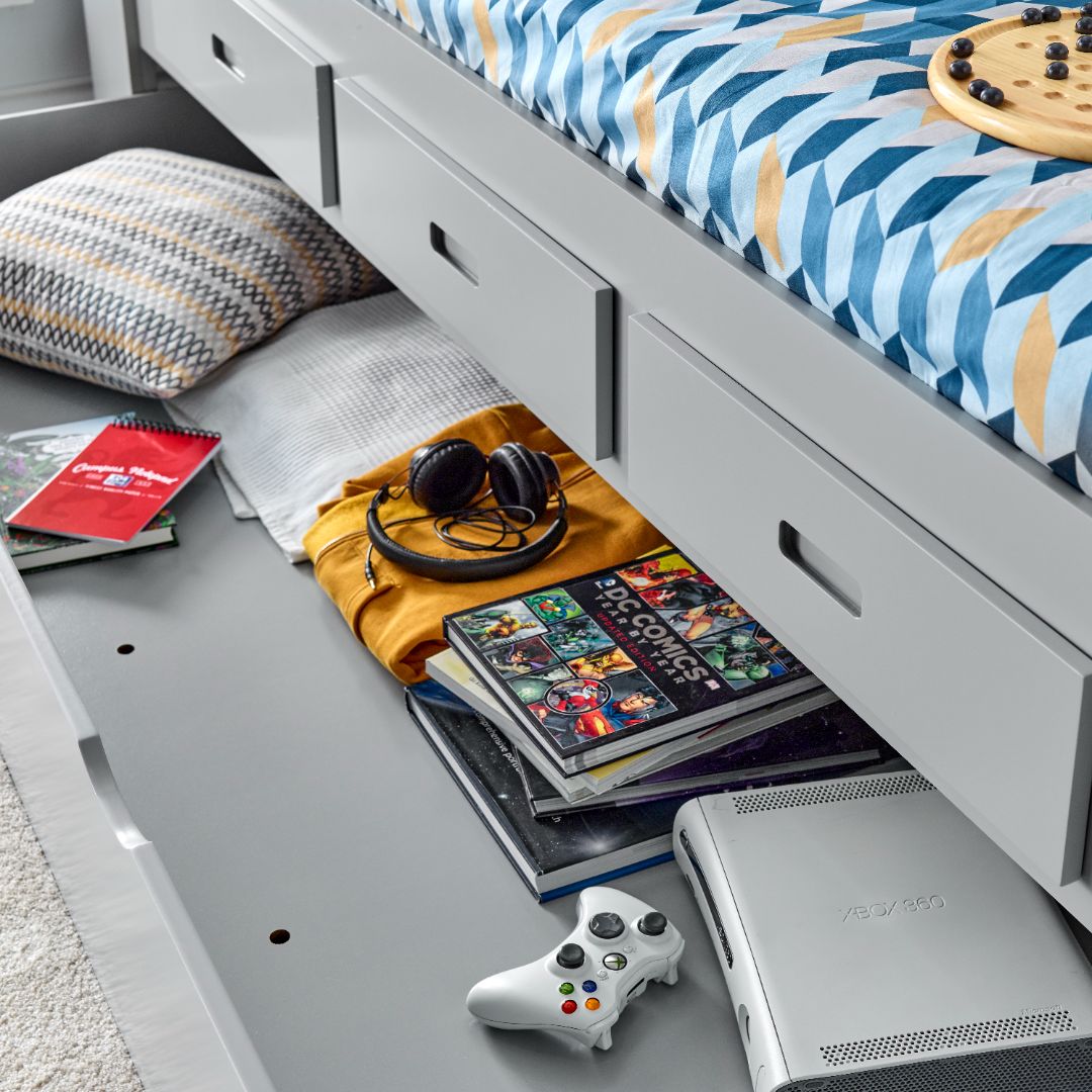 Veera Guest Bed With Drawers And Trundle With Memory Foam Mattresses | Single | Grey
