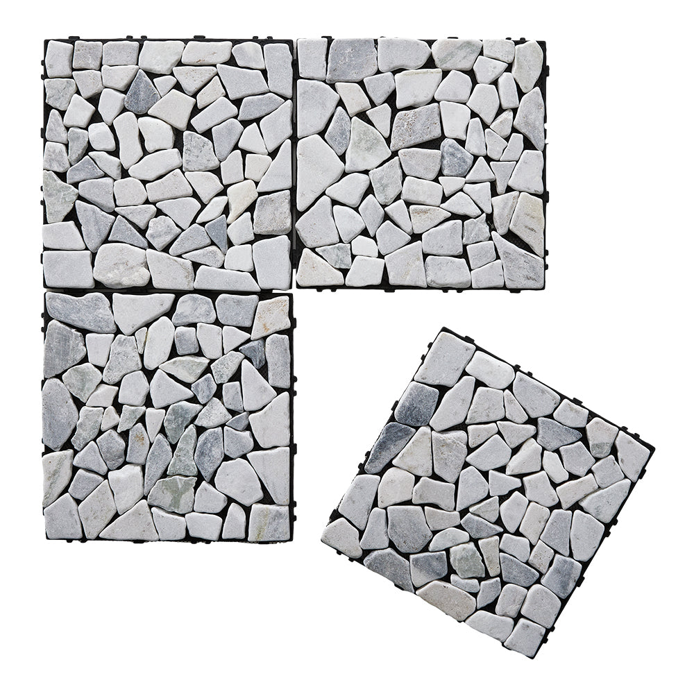 6pcs Interlocking Natural Stone Deck Tiles, 30x30cm Square Outdoor Patio Flooring, Durable Garden Pathway & Poolside Tiles | Light Grey