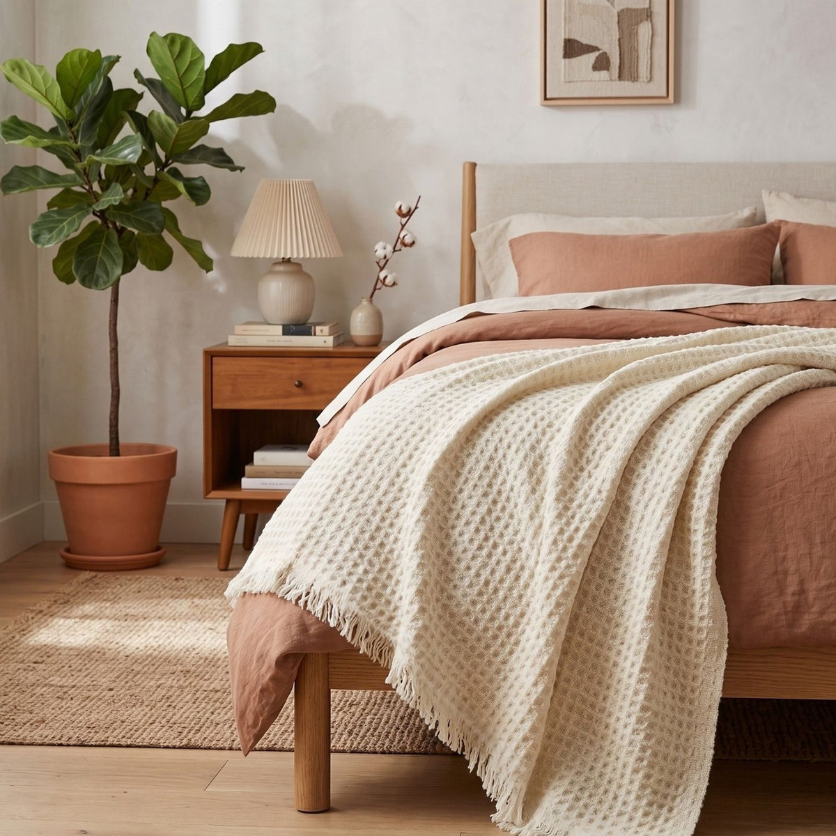 Pure Handmade 100% Wool Heavyweight Waffle Bed & Sofa Throw Blanket, Cream