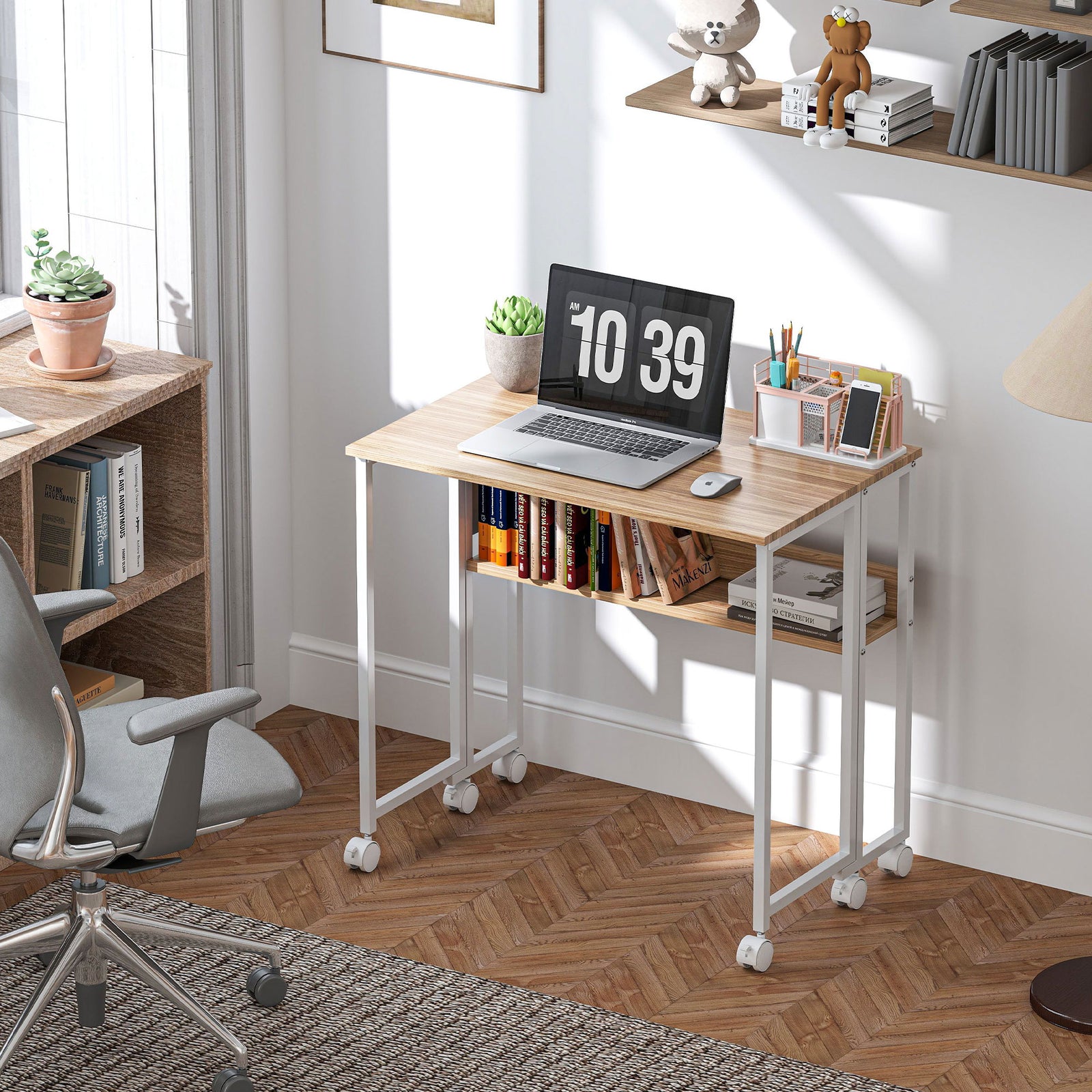 80 Cm Foldable Computer Desk On Wheels For Small Spaces | Natural