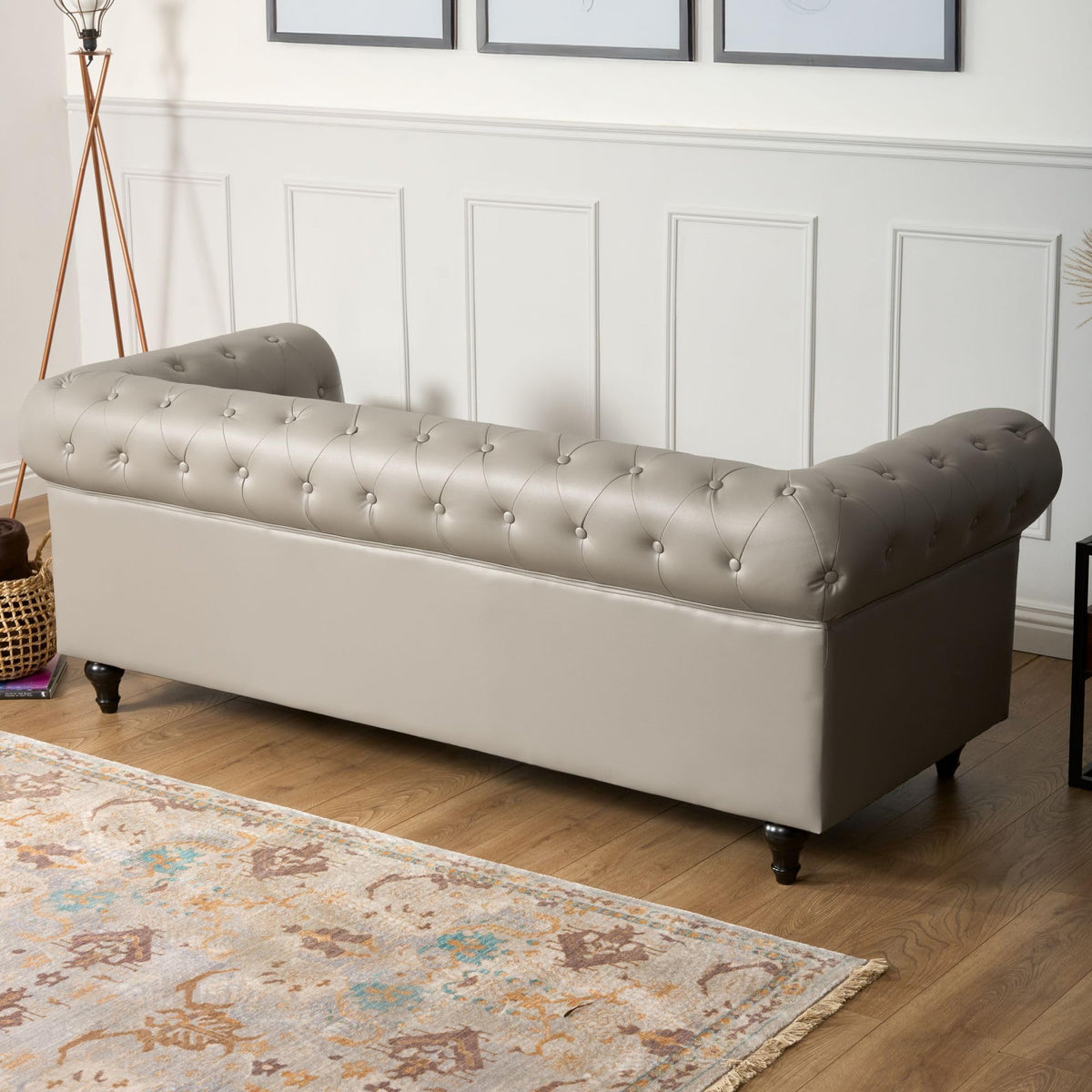 Chesterfield Scroll Arm Faux Leather Sofa 3 Seater | Grey
