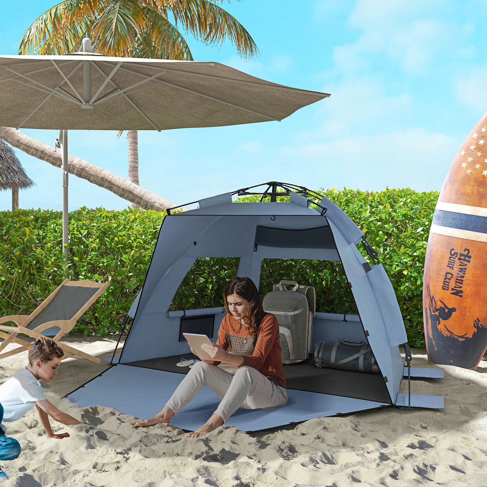 Pop Up Beach Tent For 2-3 Person With Carry Bag, Upf15+ | Blue