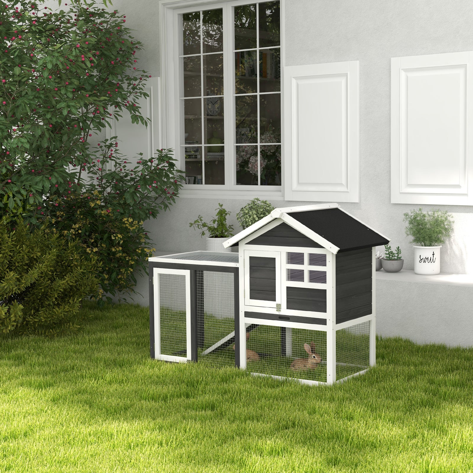 122cm Wooden Rabbit Hutch Bunny Cage Pet House With Tray Ladder Run | Grey