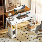 Computer Writing Desk With Power Outlets, Drawers, Shelves | White
