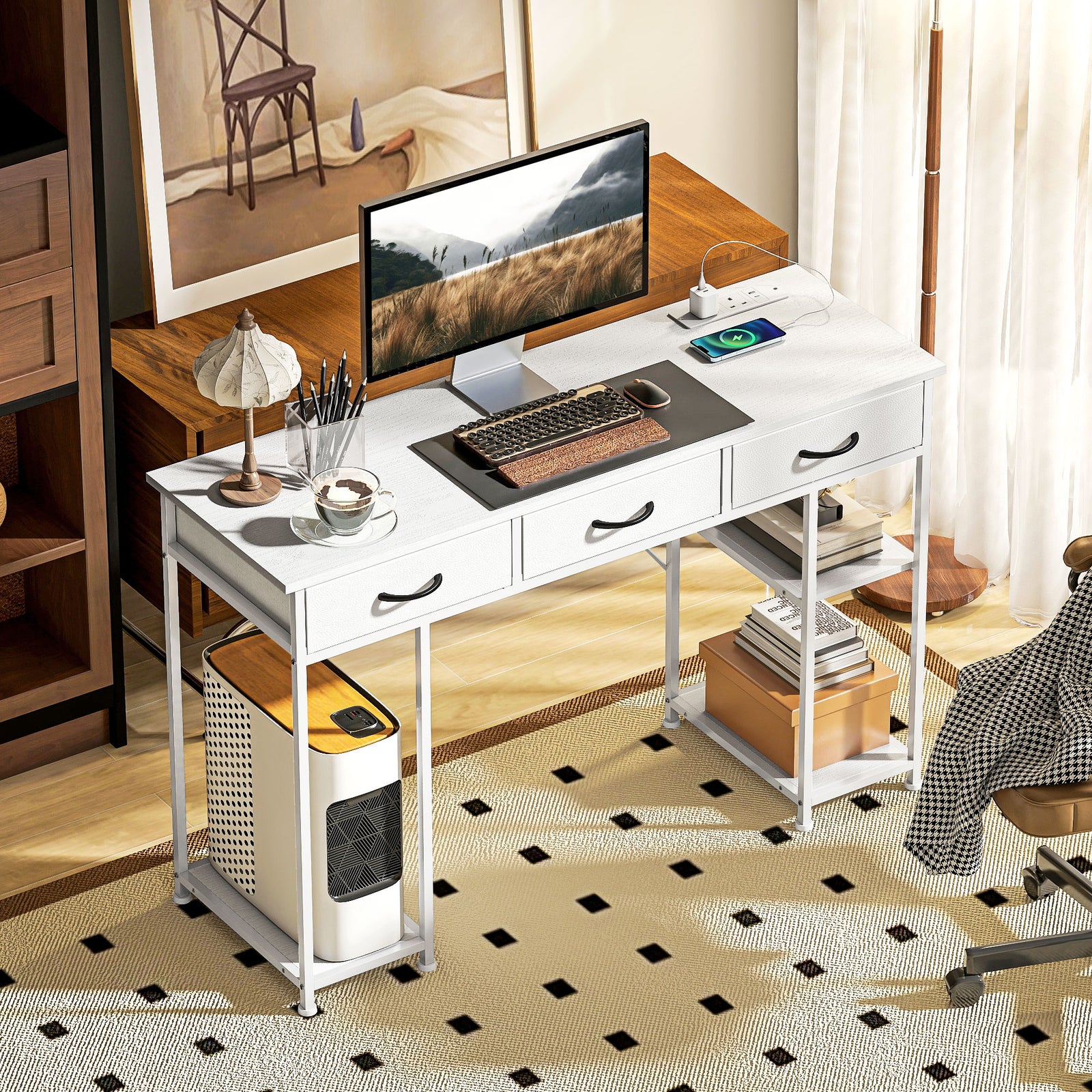 Computer Writing Desk With Power Outlets, Drawers, Shelves | White