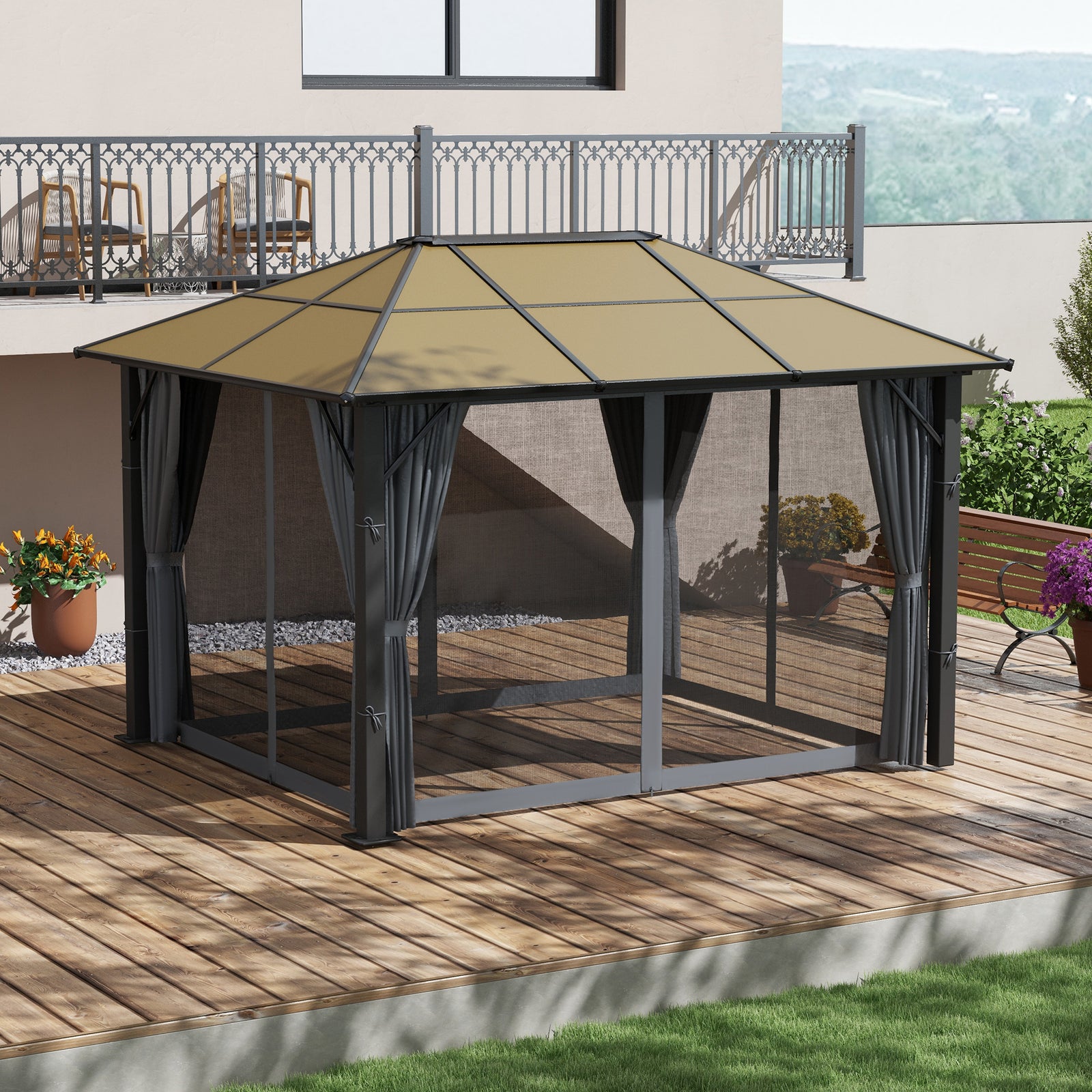 Pc Hardtop Gazebo With Aluminium Frame And Curtains | Large | Gray