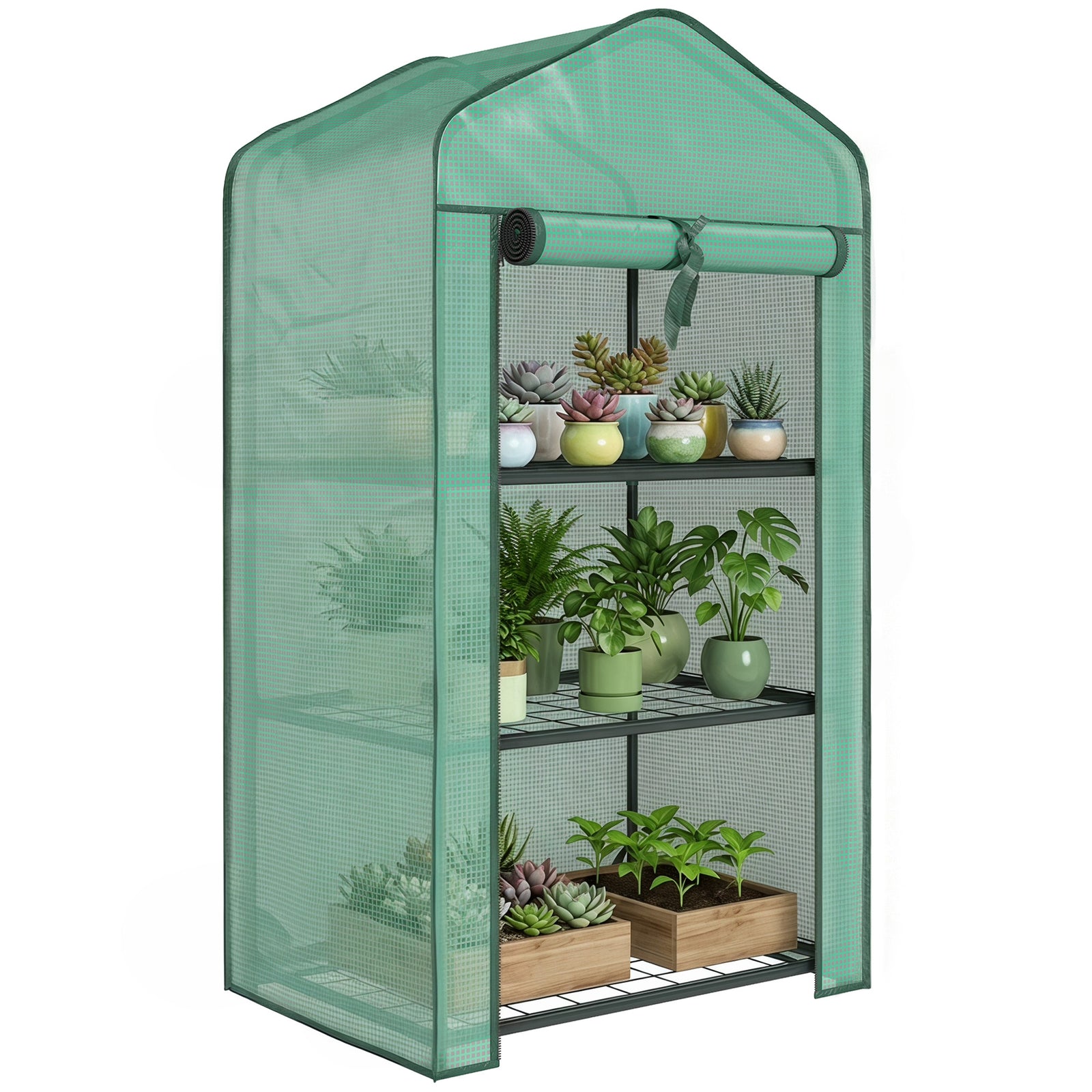 Outsunny Portable Mini Greenhouse With Roll-up Door And Wire Shelves, Green