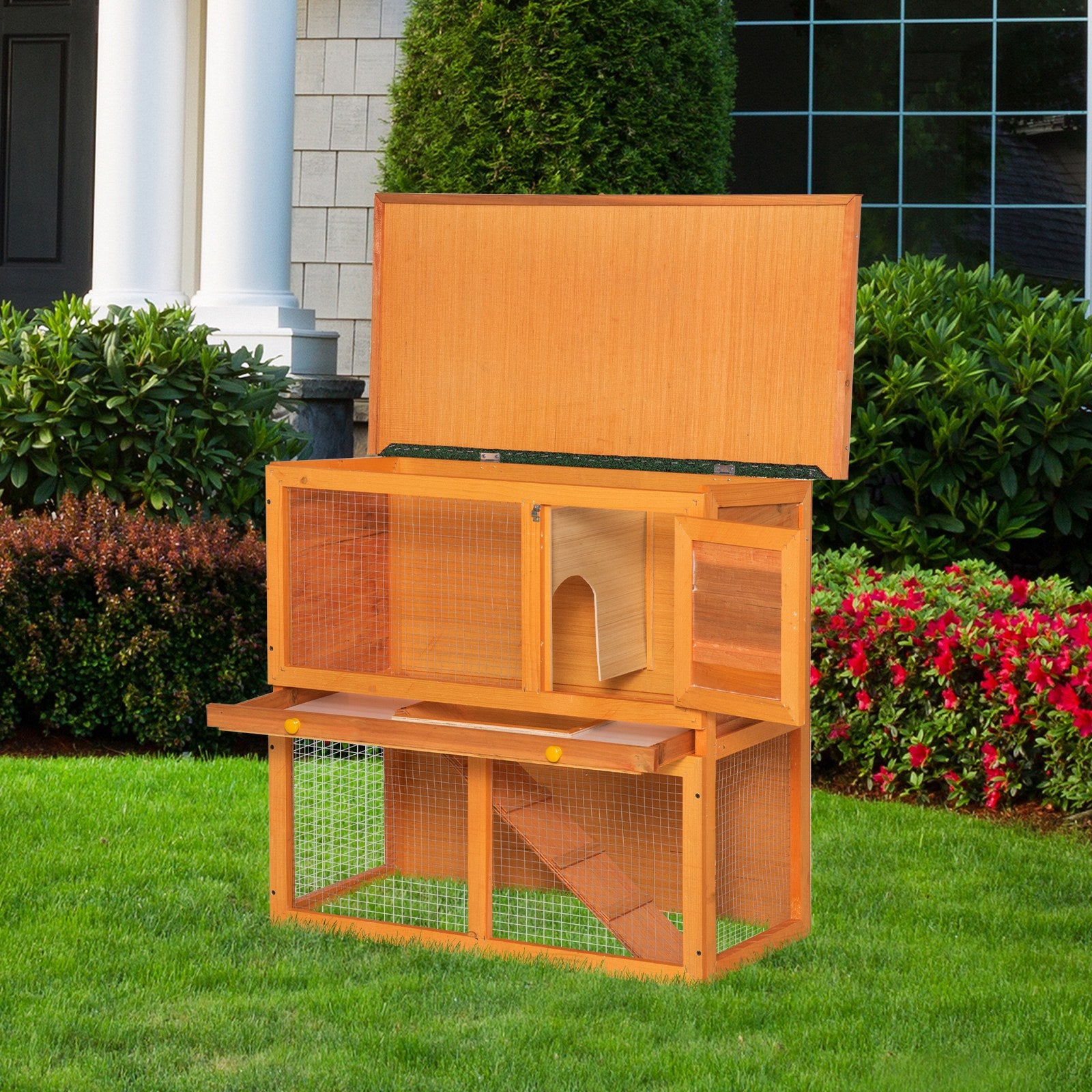 90cm 2 Tiers Rabbit Hutch Wooden Pet Cage Run Vintage Bunny House