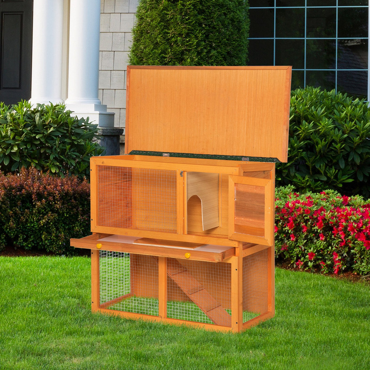 90cm 2 Tiers Rabbit Hutch Wooden Pet Cage Run Vintage Bunny House