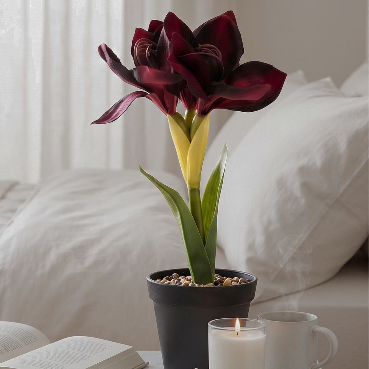Faux Amaryllis In Pot, 36cm | Red