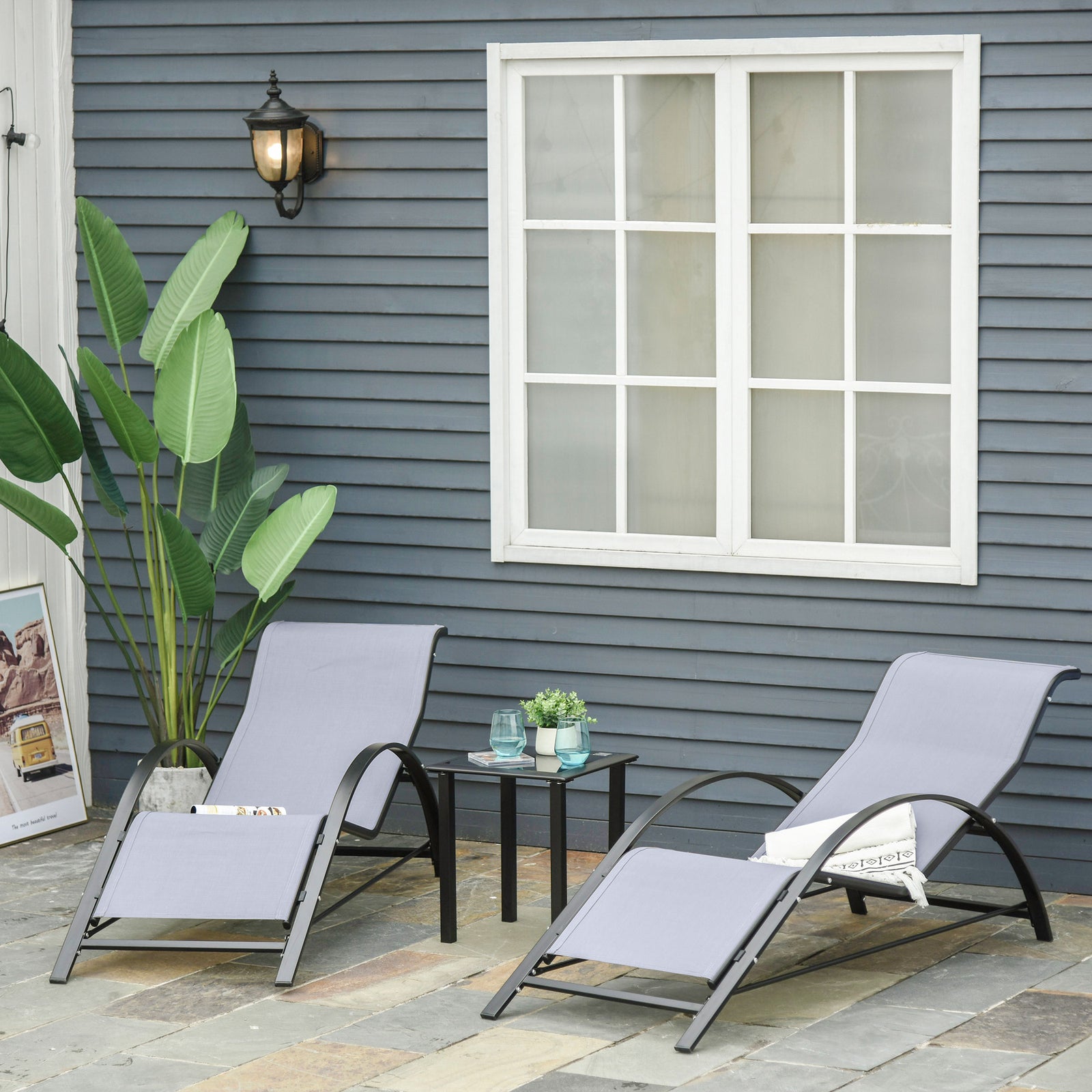 3 Pieces Lounge Chair Set Garden Sunbathing Chair W/ Table | Light Slate Gray