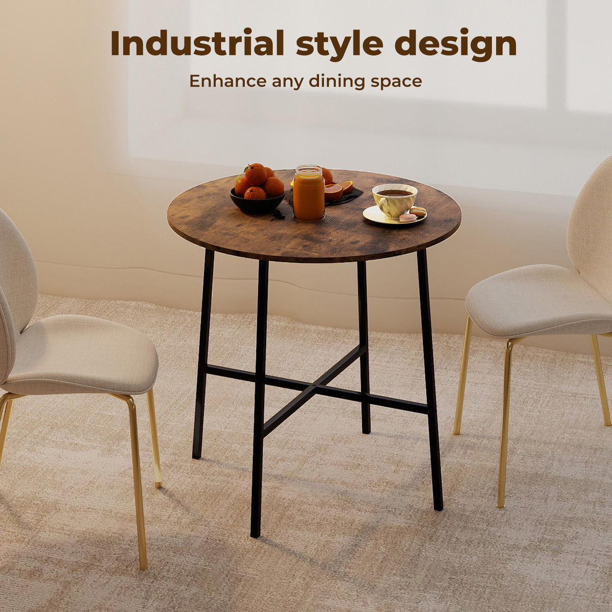 Dining Table Round Kitchen 4 Person Coffee Restaurant Metal Base 80cm | Brown